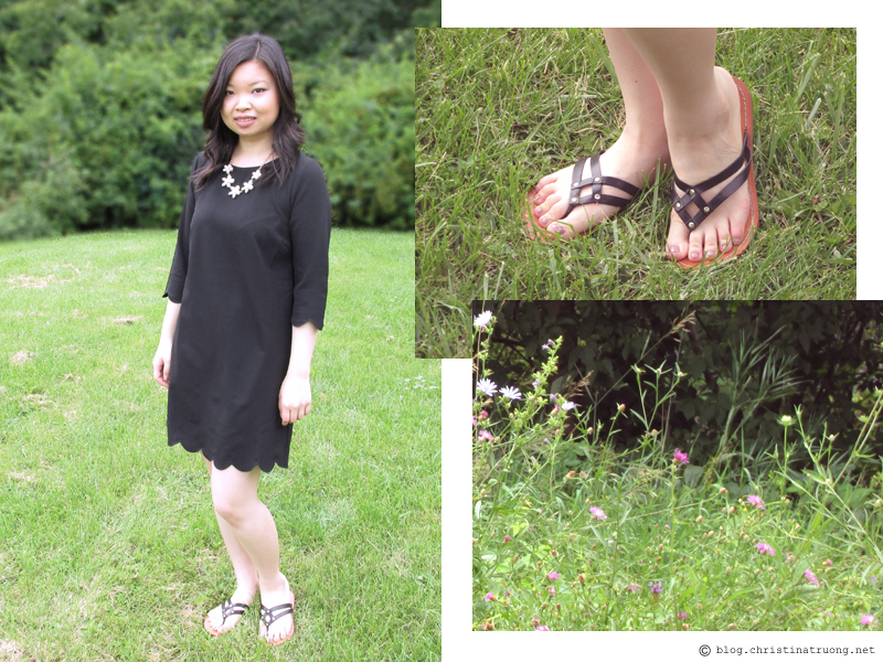 The August Fashion Lookbook featuring TOBI Sweetly Scalloped Dress, Costa Blanca Floral Pearl Statement Necklace, Cole Haan - Vineyard Thong Sandals