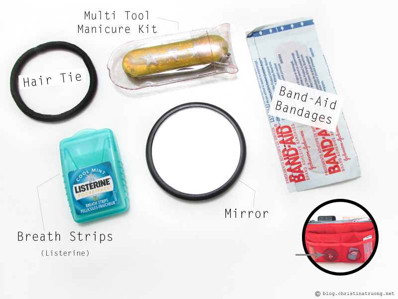 What's In My Bag? Hair Ties. Claire's Multi Tool Manicure Kit / Pocket Knife. Listerine Breath Strips. Lancome Mirror. Band-Aid Bandages