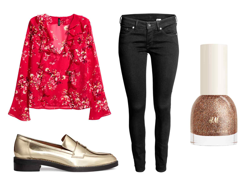 Chinese New Year Style Outfits H&M Frilled Blouse, Super Skinny Low Jeans, Nail Polish in shade Bijoux, Leather loafers