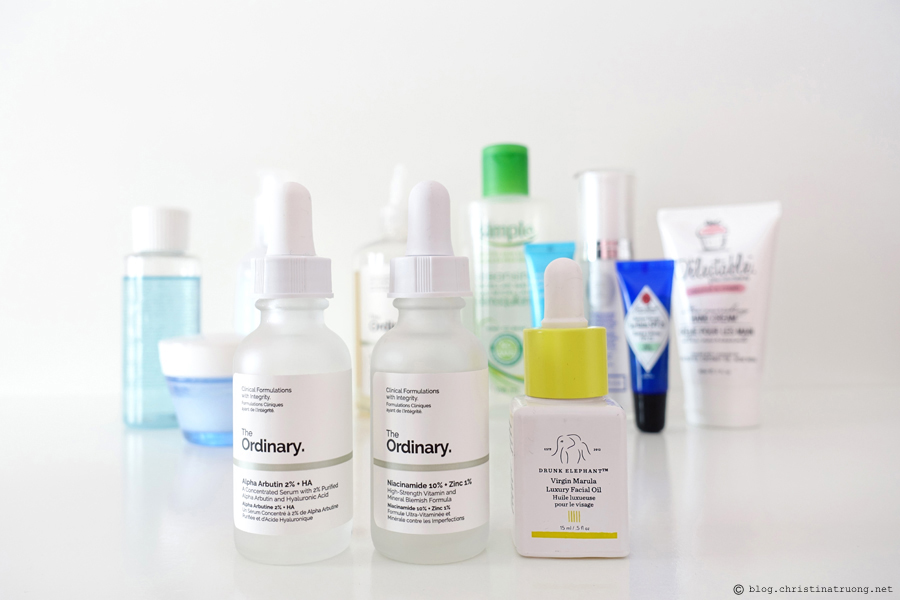 Updated Nightly Skin Care Routine Review featuring Serums The Ordinary Alpha Arbutin 2% + HA The Ordinary Niacinamide 10% + Zinc 1% Drunk Elephant Virgin Marula Luxury Facial Oil