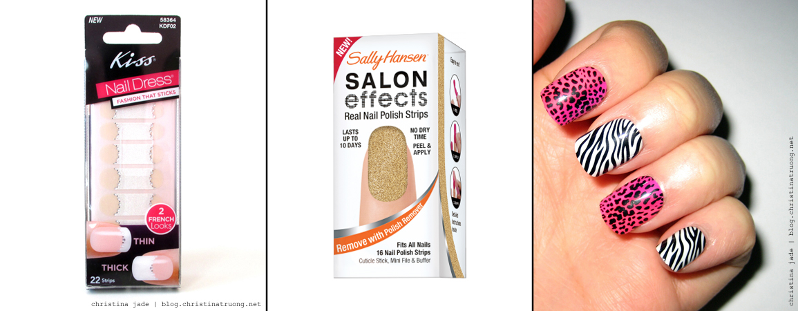 Quick fast nail solutions for when you are in a hurry Kiss 2 Looks Nail Dress Sally Hansen Salon Effect Real Nail Polish Strips Impress Press-On Manicure